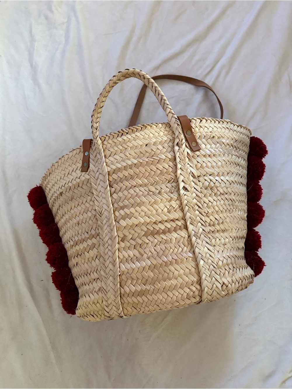 Sezane Woven Straw Tote Bag with Red Pom Trim